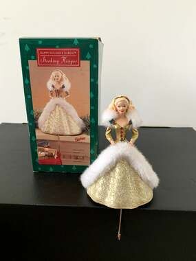Vintage Happy Holidays 1995 Barbie Gold Dress Stocking Holder with Box